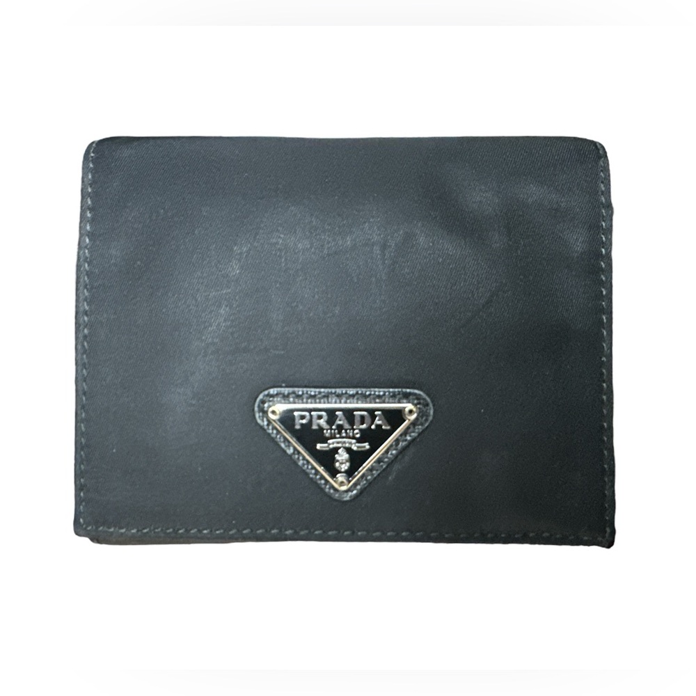 PRADA nylon leather black wallet Authentic tri-fold logo wallet